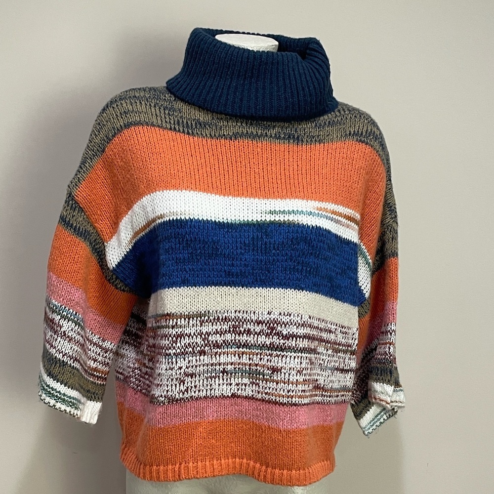 Knox Rose Colorful Striped cropped Turtleneck Sweater, 3/4 sleeve size M - Picture 3 of 7